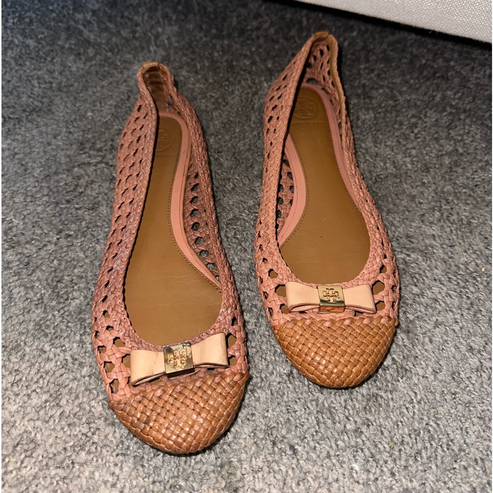 Tory Burch Carlyle Woven Leather Ballerina Flat, tan/pink Size 8.5.